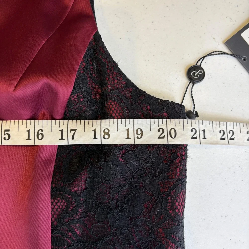 Adrianna Papell Burgundy Satin Black Lace V-Neck Cocktail Dress Plus Size 16 NWT